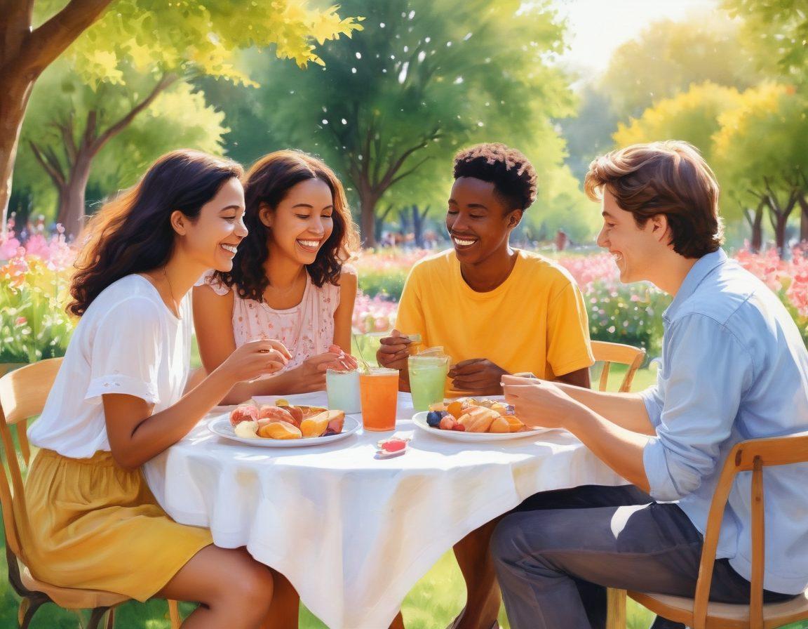 A warm, inviting scene depicting a diverse group of friends engaged in joyful activities, such as sharing food, laughing, and creating art together in a vibrant park. In the foreground, a couple shares a romantic moment, surrounded by blooming flowers symbolizing love and community. Soft sunlight bathes the scene, adding a cozy feel. The background features people of all ages and cultures interacting, showcasing unity and friendship. watercolor illustration. warm colors. natural light.
