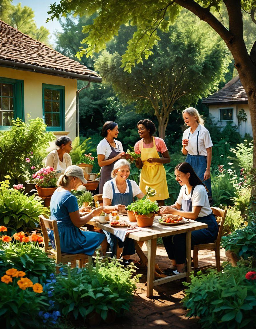 A warm and inviting scene depicting a diverse group of people engaged in various community-building activities like gardening, cooking, and sharing stories, surrounded by lush greenery and blooming flowers. The atmosphere is filled with smiles and laughter, symbolizing strong connections and friendships. Sunlight filters through trees, casting soft shadows and creating a sense of peace and unity. super-realistic. vibrant colors. warm tones.
