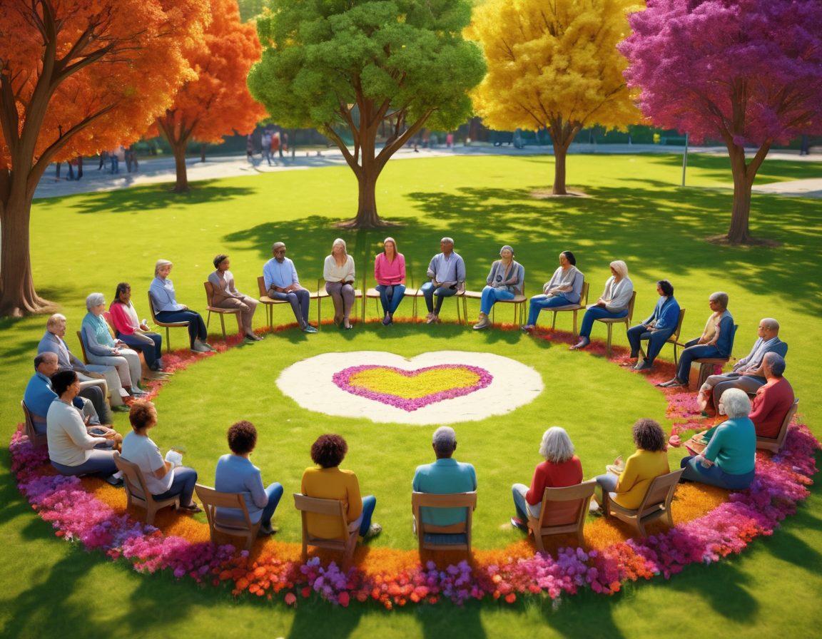 A diverse group of people of various ages and backgrounds engaging in a supportive discussion circle in a bright, vibrant park. Include elements like trees, colorful flowers, and heart symbols subtly integrated into the scene. Capture the warmth and connection among participants, showcasing expressions of empathy and understanding. super-realistic. vibrant colors. 3D.